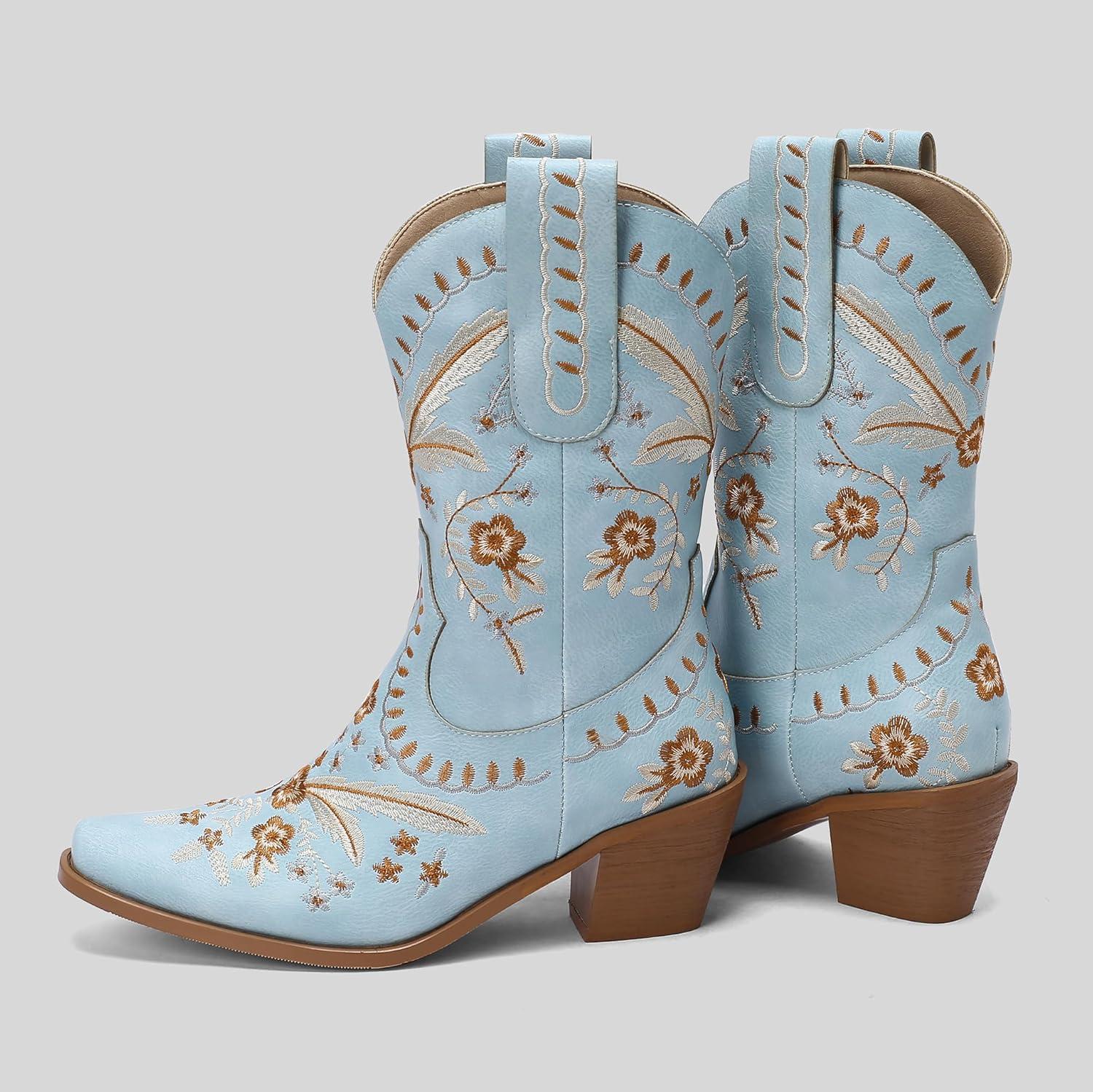 imageCarkuolary Donne Western Cowboy Lavoro Stivali with EmbroideredBleu 01