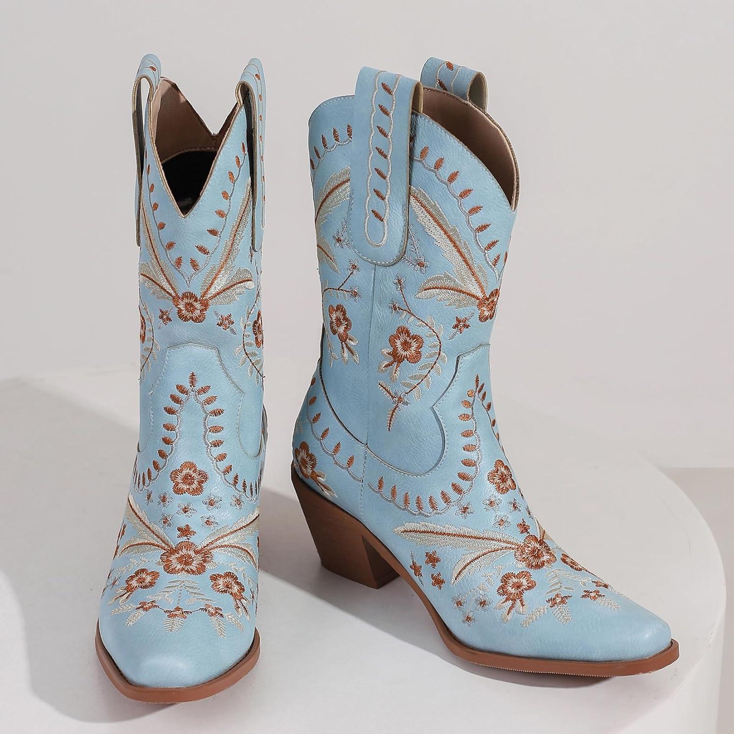 imageCarkuolary Donne Western Cowboy Lavoro Stivali with EmbroideredBleu 01