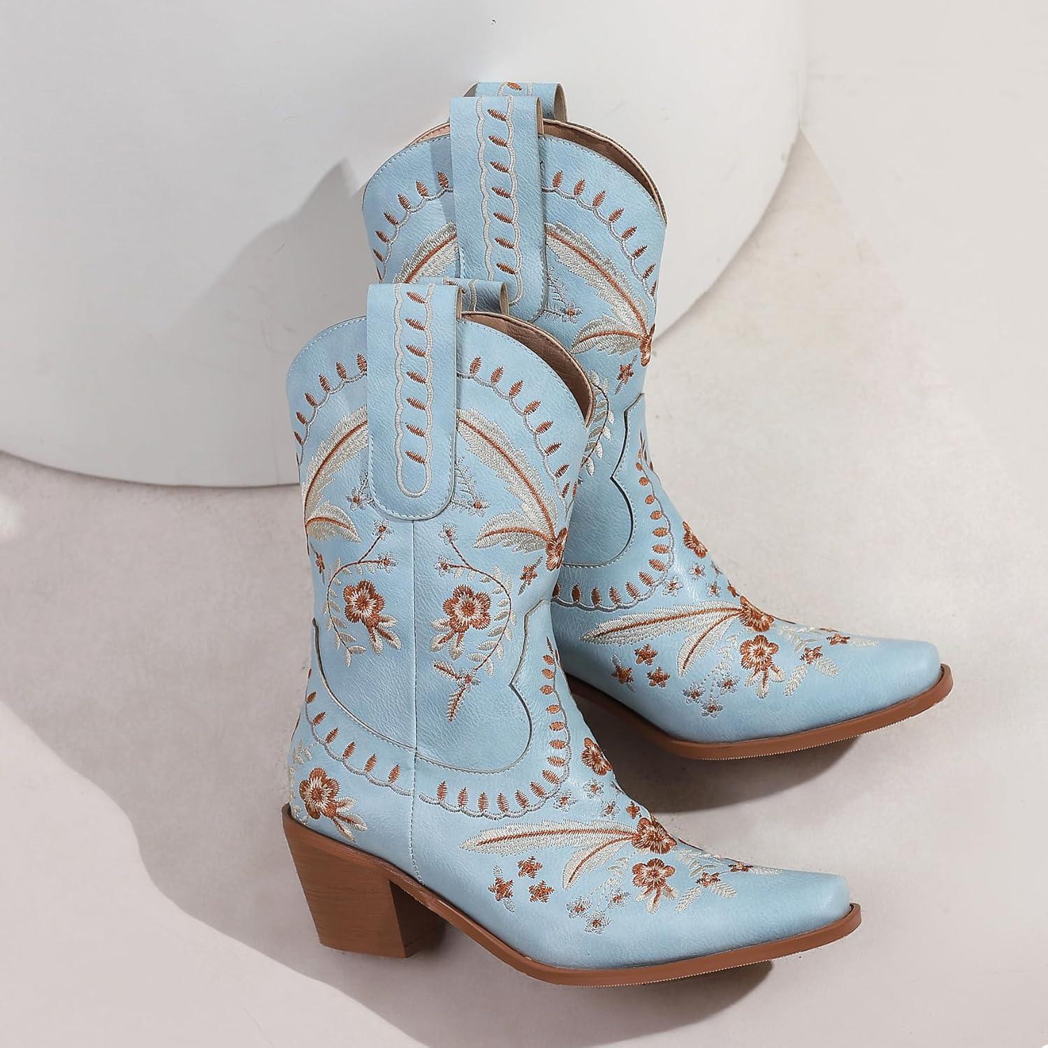 imageCarkuolary Donne Western Cowboy Lavoro Stivali with EmbroideredBleu 01