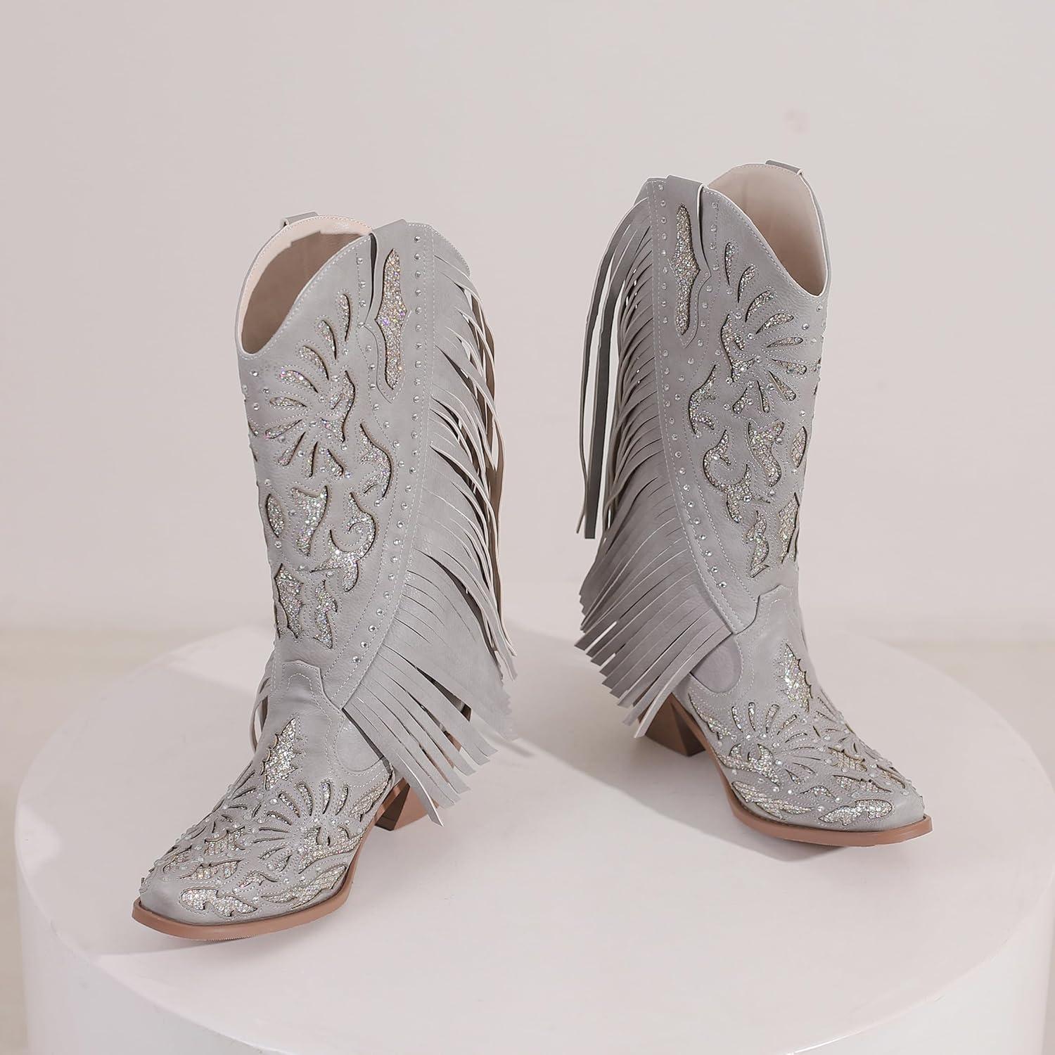 imageCarkuolary Donne Western Cowboy Lavoro Stivali with EmbroideredGray 02