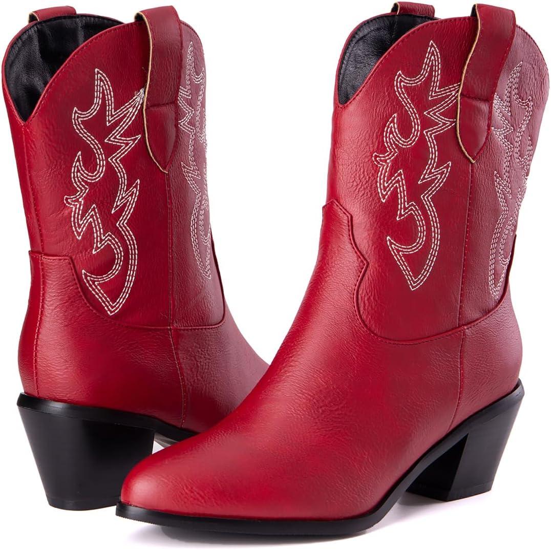 imageCarkuolary Femmes Classique Basic Western Bottes de cowboy with Embroidered Bout PointuBig Rouge 01