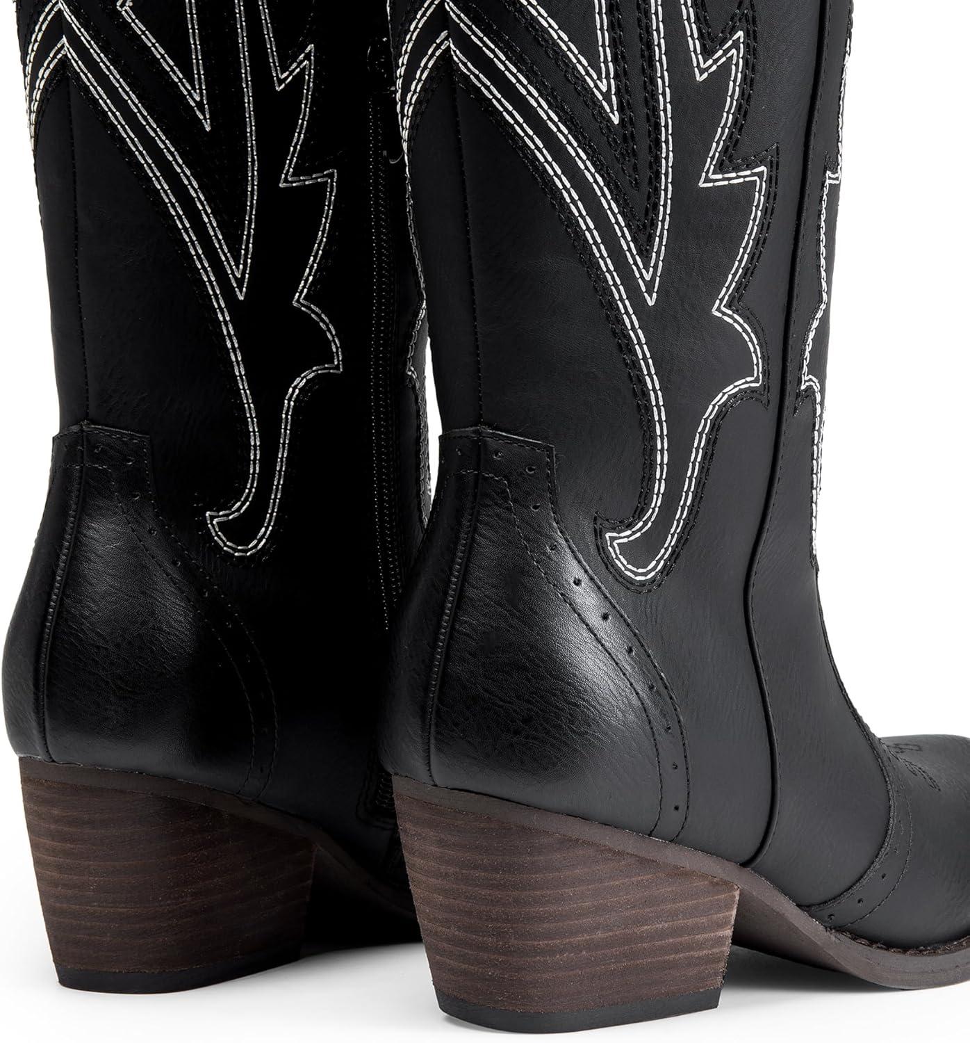 imageDREAM PAIRS Bottes Femme Hautes Western Bottes Cowboy jusquau Genou avec Broderie Vintage Confortables Style Cowgirl Knee High BootsNoir