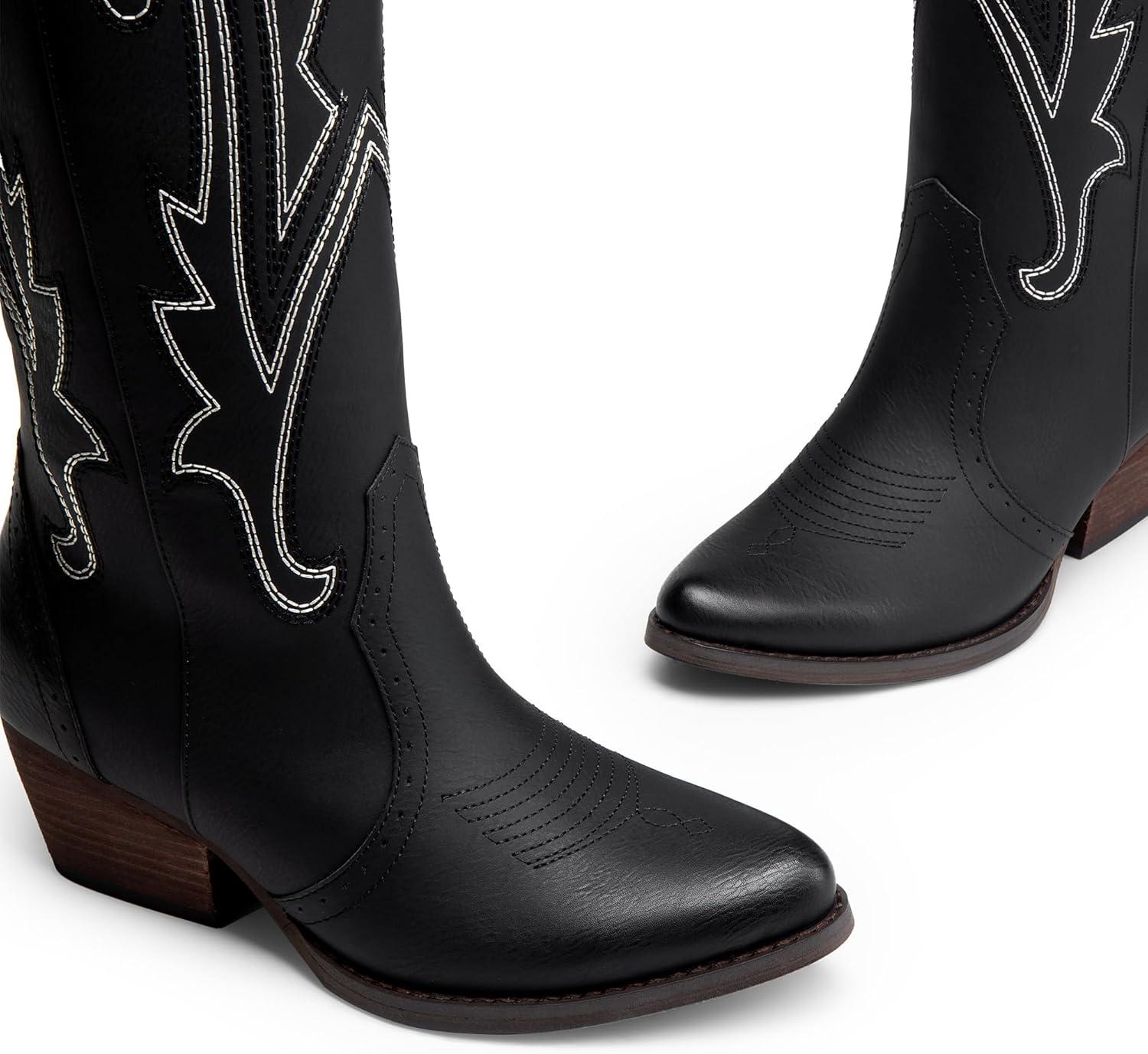 imageDREAM PAIRS Bottes Femme Hautes Western Bottes Cowboy jusquau Genou avec Broderie Vintage Confortables Style Cowgirl Knee High BootsNoir
