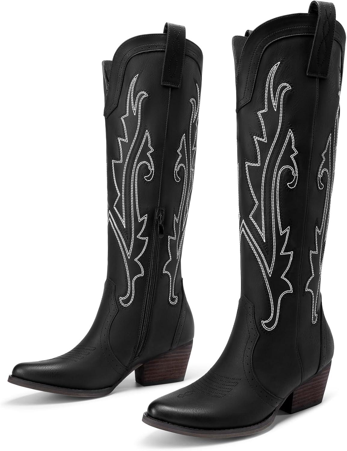 imageDREAM PAIRS Bottes Femme Hautes Western Bottes Cowboy jusquau Genou avec Broderie Vintage Confortables Style Cowgirl Knee High BootsNoir