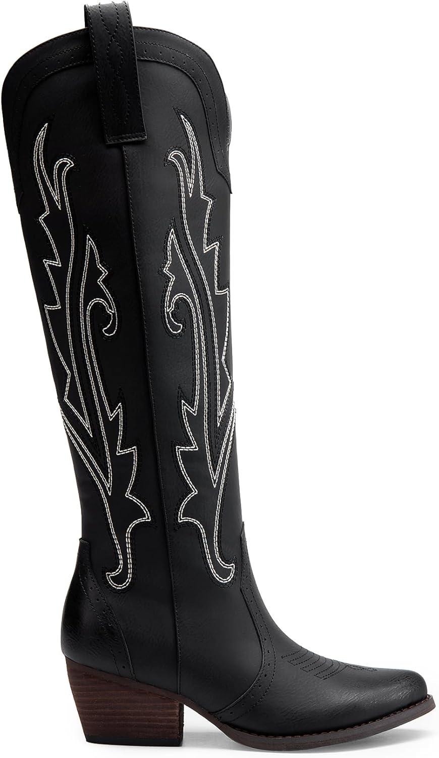 imageDREAM PAIRS Bottes Femme Hautes Western Bottes Cowboy jusquau Genou avec Broderie Vintage Confortables Style Cowgirl Knee High BootsNoir