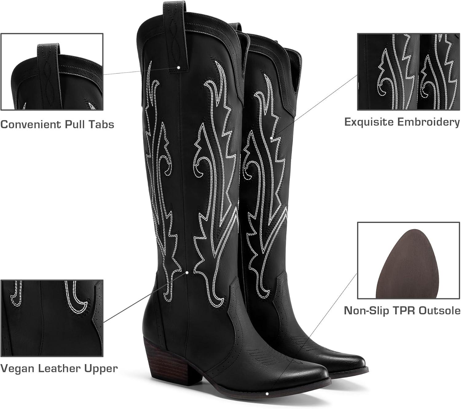 imageDREAM PAIRS Bottes Femme Hautes Western Bottes Cowboy jusquau Genou avec Broderie Vintage Confortables Style Cowgirl Knee High BootsNoir