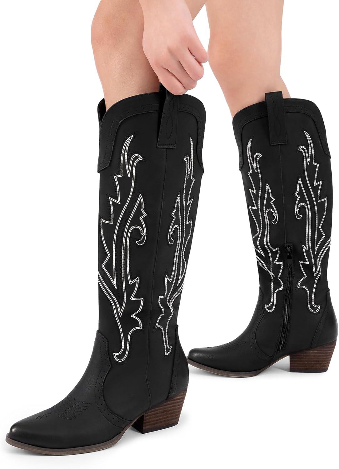 imageDREAM PAIRS Bottes Femme Hautes Western Bottes Cowboy jusquau Genou avec Broderie Vintage Confortables Style Cowgirl Knee High BootsNoir