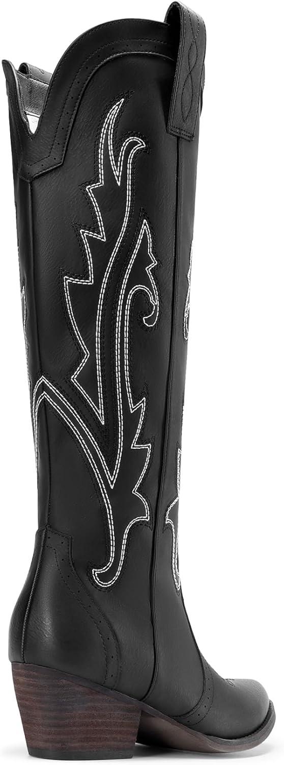 imageDREAM PAIRS Bottes Femme Hautes Western Bottes Cowboy jusquau Genou avec Broderie Vintage Confortables Style Cowgirl Knee High BootsNoir