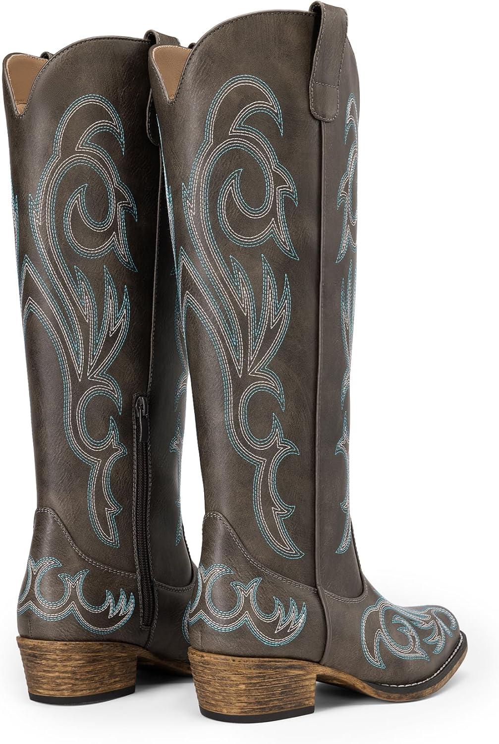 imageDREAM PAIRS Bottes Femme Style Western Cowgirl Confortables Bottes Cowboy Hautes Knee High avec Fermeture clair LatraleMarron Fonc