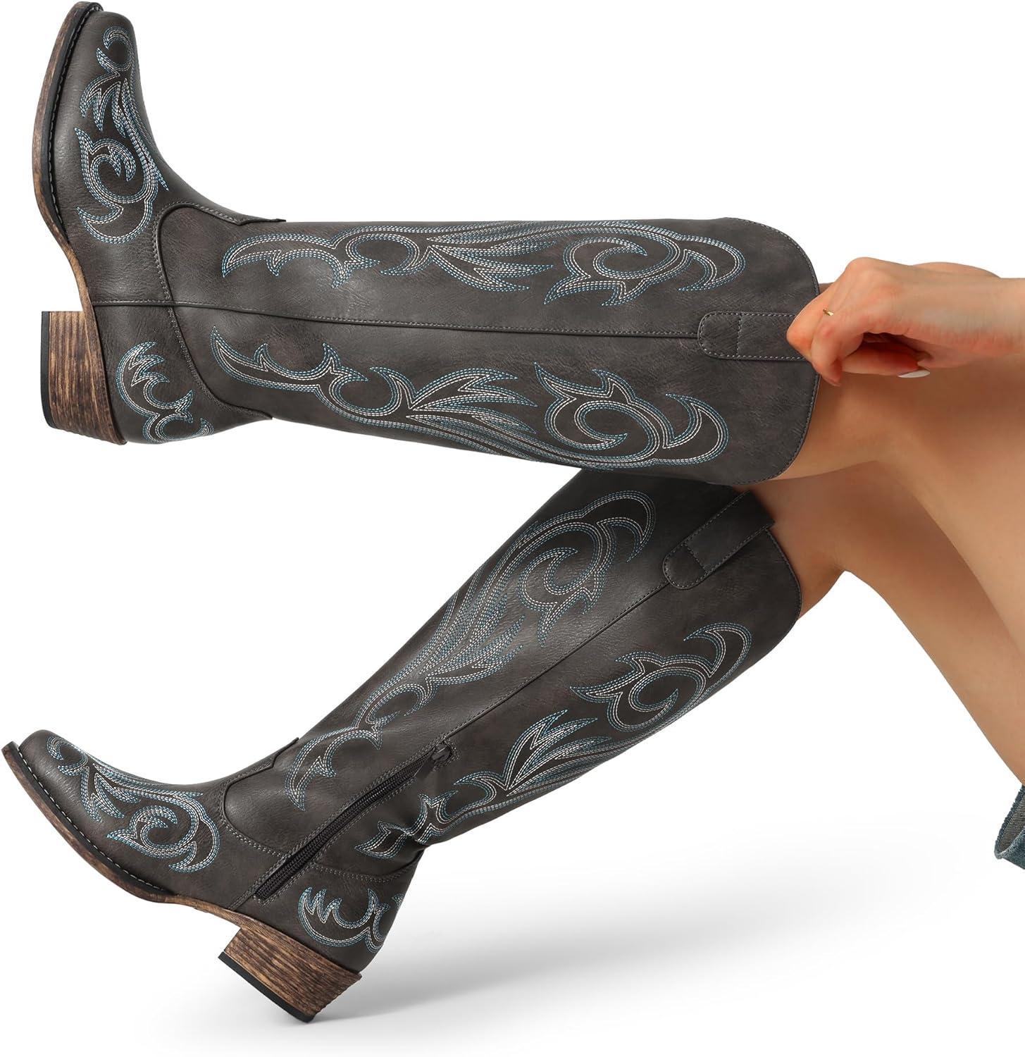 imageDREAM PAIRS Bottes Femme Style Western Cowgirl Confortables Bottes Cowboy Hautes Knee High avec Fermeture clair LatraleMarron Fonc
