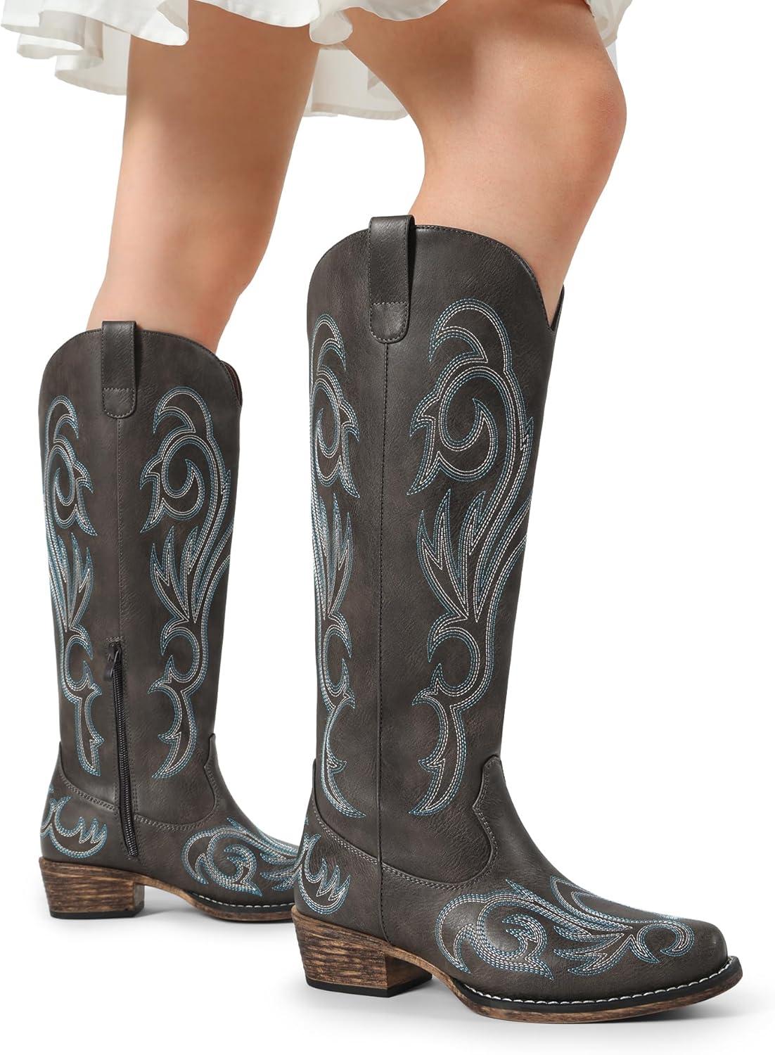 imageDREAM PAIRS Bottes Femme Style Western Cowgirl Confortables Bottes Cowboy Hautes Knee High avec Fermeture clair LatraleMarron Fonc