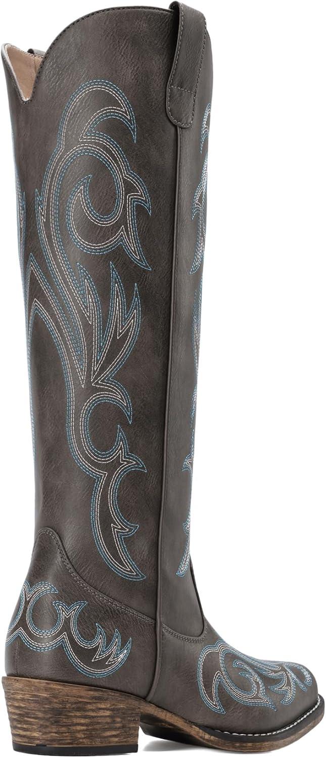 imageDREAM PAIRS Bottes Femme Style Western Cowgirl Confortables Bottes Cowboy Hautes Knee High avec Fermeture clair LatraleMarron Fonc