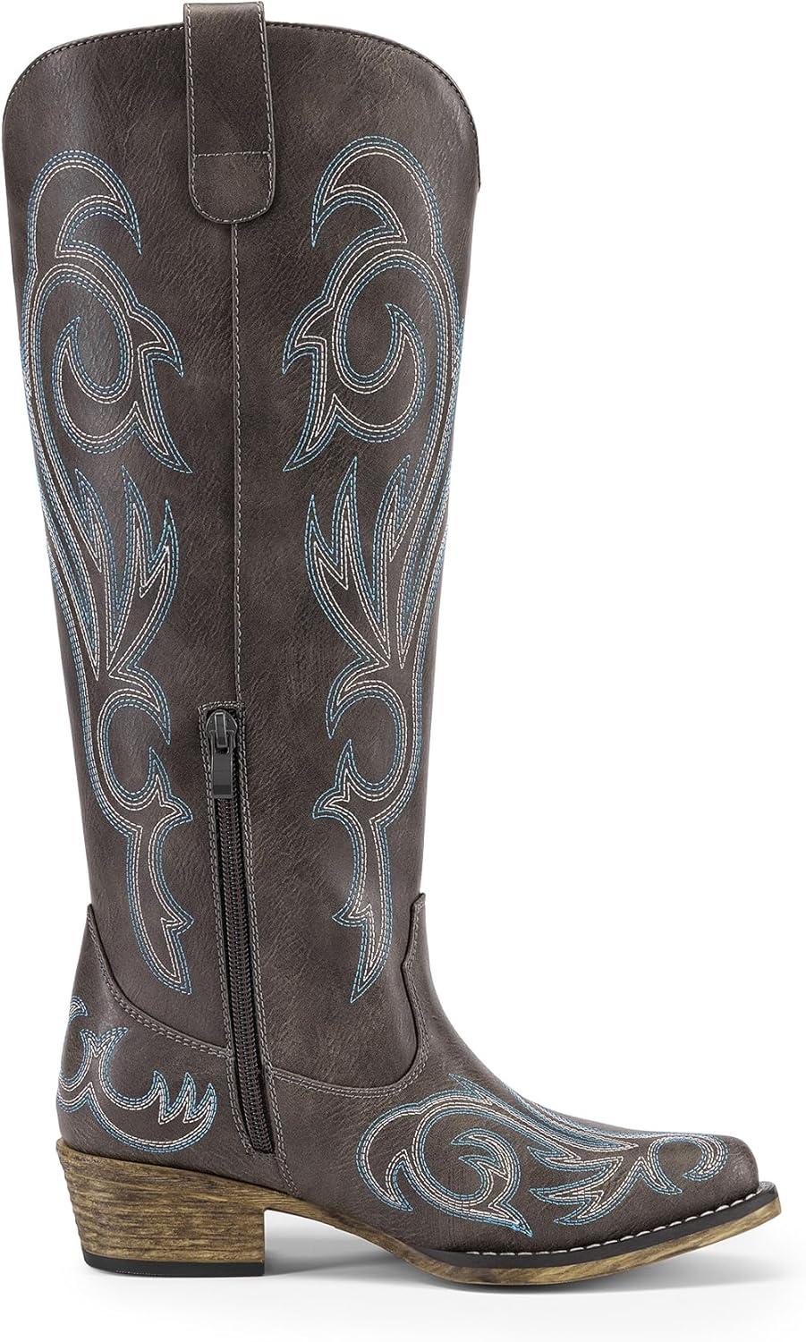 imageDREAM PAIRS Bottes Femme Style Western Cowgirl Confortables Bottes Cowboy Hautes Knee High avec Fermeture clair LatraleMarron Fonc