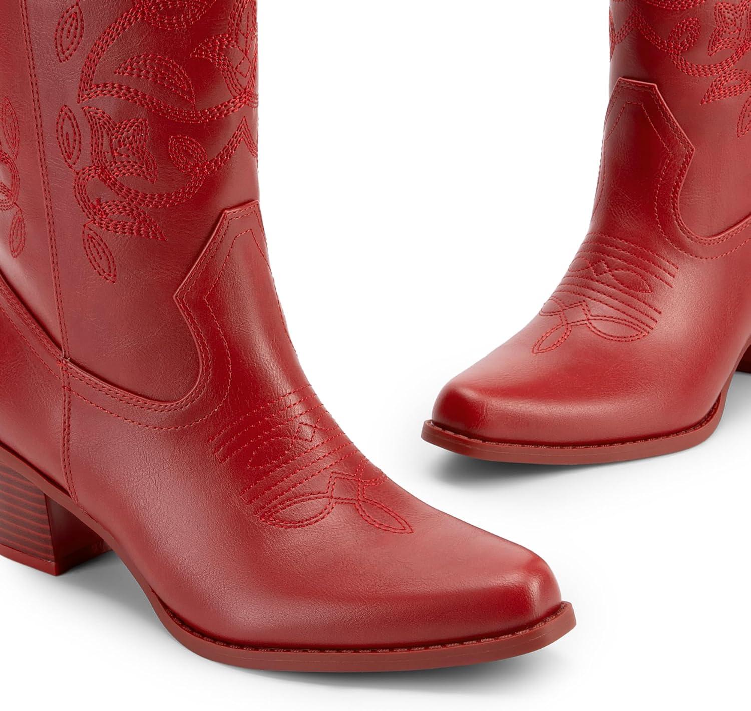 imageDREAM PAIRS Bottes de cowboy pour femme bout carr broderie bottes de cowgirl cousues bottes western talon pais pour femme RougePU 38 EU