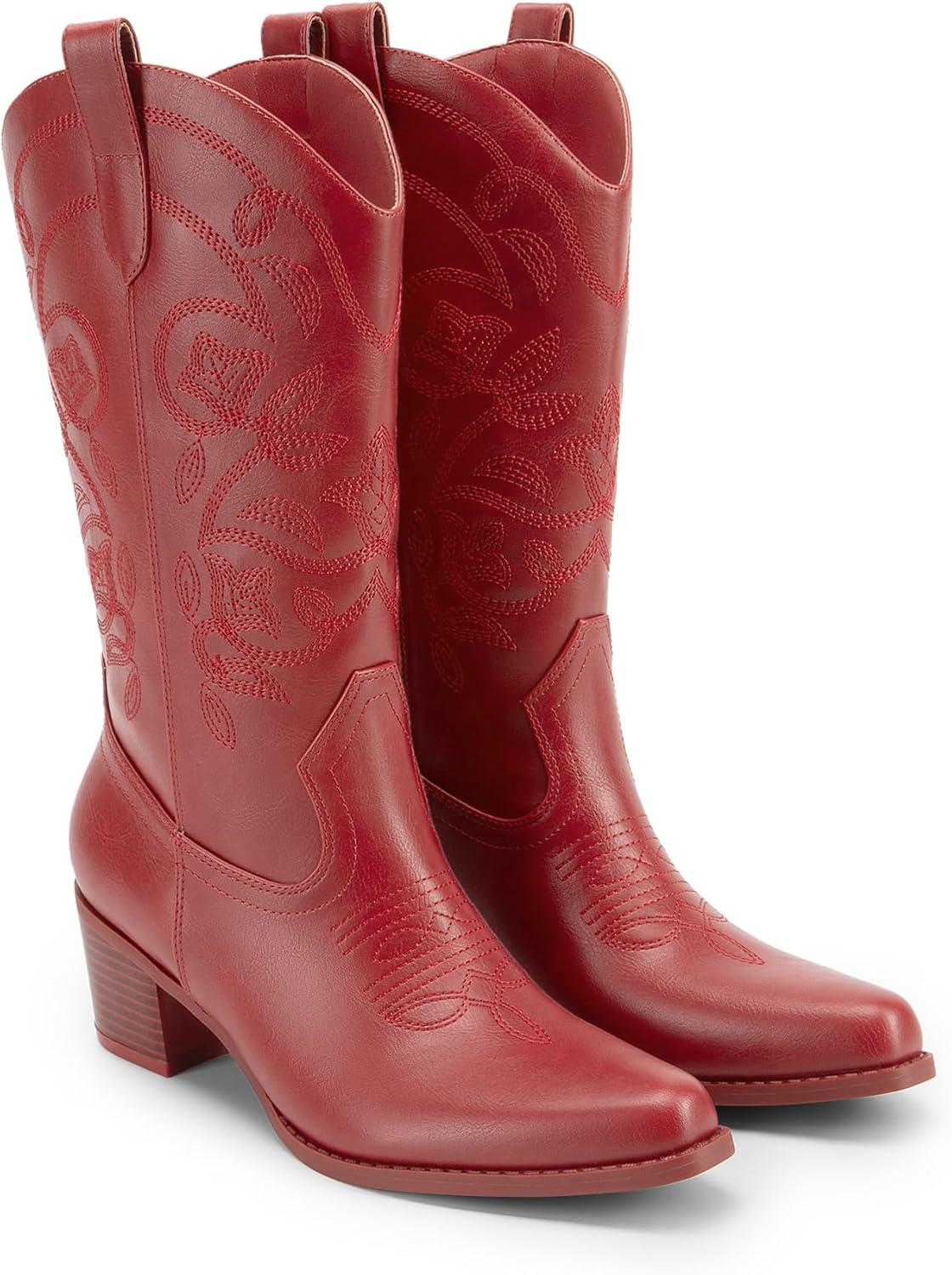imageDREAM PAIRS Bottes de cowboy pour femme bout carr broderie bottes de cowgirl cousues bottes western talon pais pour femme RougePU 38 EU