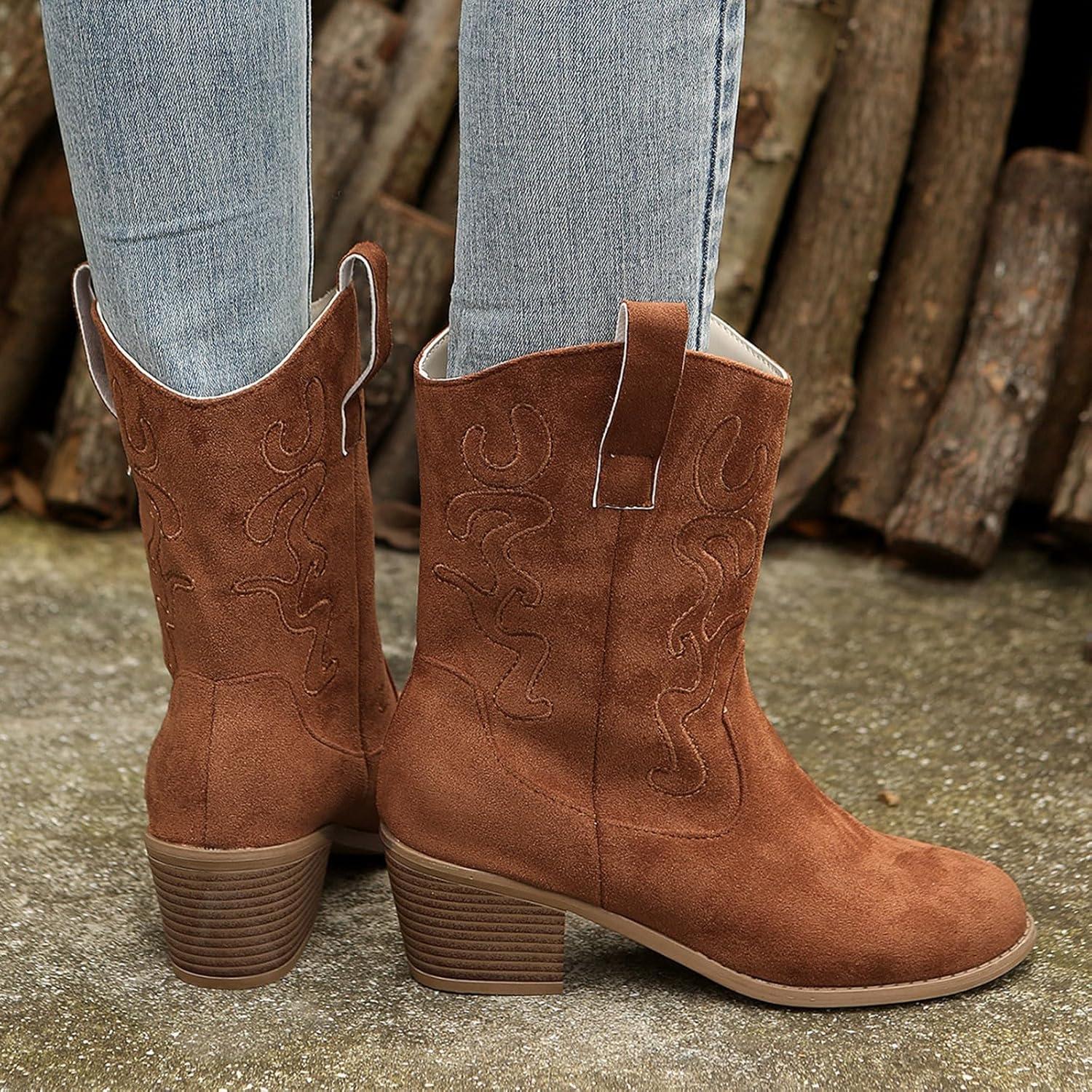 imageGenerisch Bottes de cowboy pour femme 42 bottines de cowboy bottes de western en daim enfiler semelle antidrapante bottes de randonne bottes western respirantesMarron