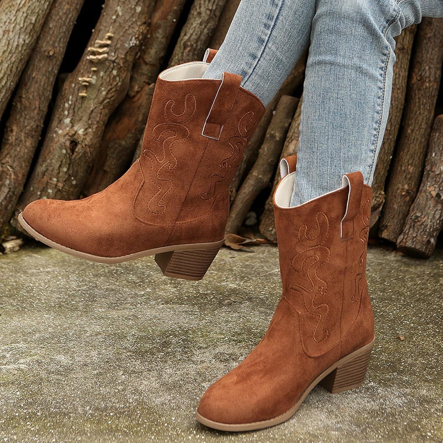 imageGenerisch Bottes de cowboy pour femme 42 bottines de cowboy bottes de western en daim enfiler semelle antidrapante bottes de randonne bottes western respirantesMarron