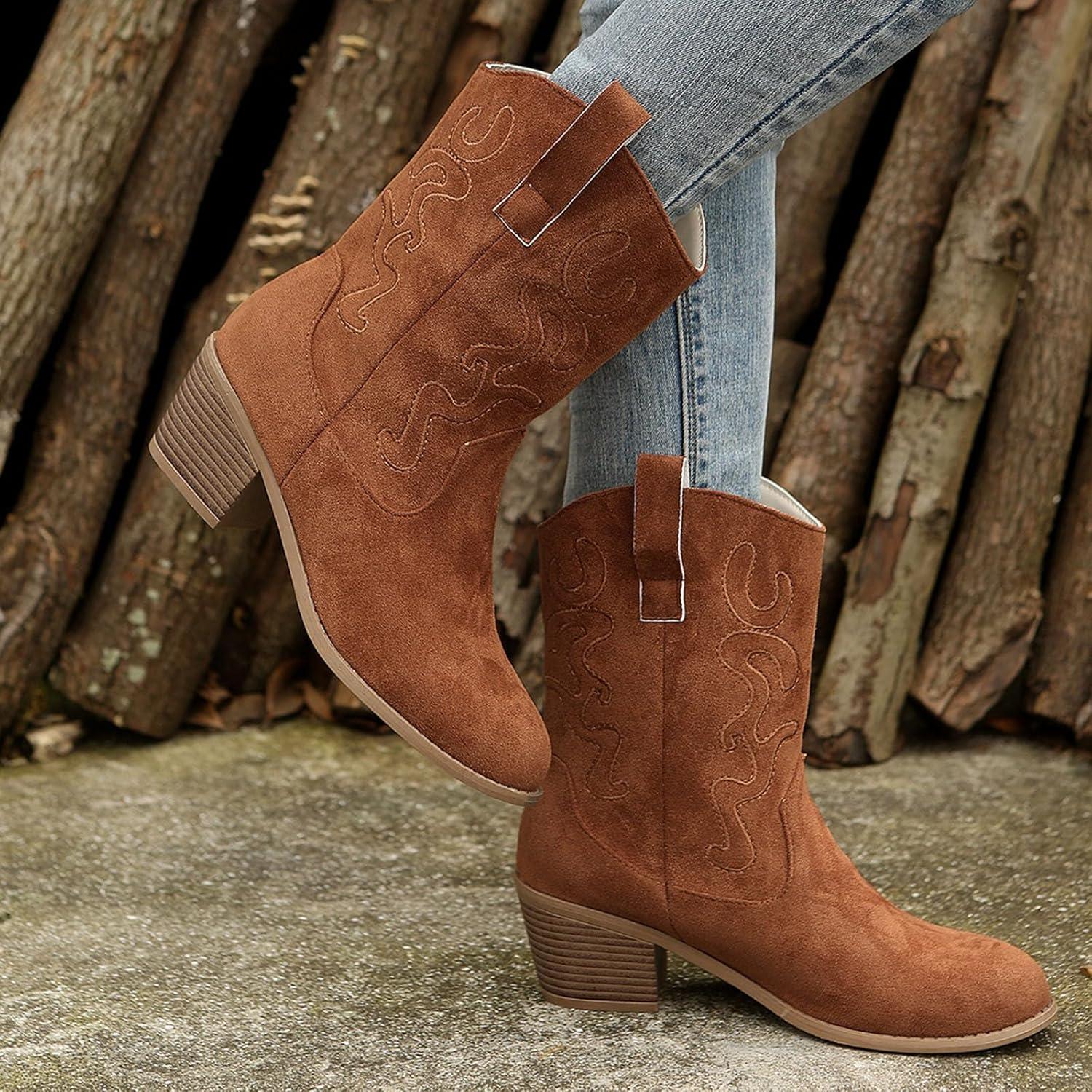 imageGenerisch Bottes de cowboy pour femme 42 bottines de cowboy bottes de western en daim enfiler semelle antidrapante bottes de randonne bottes western respirantesMarron