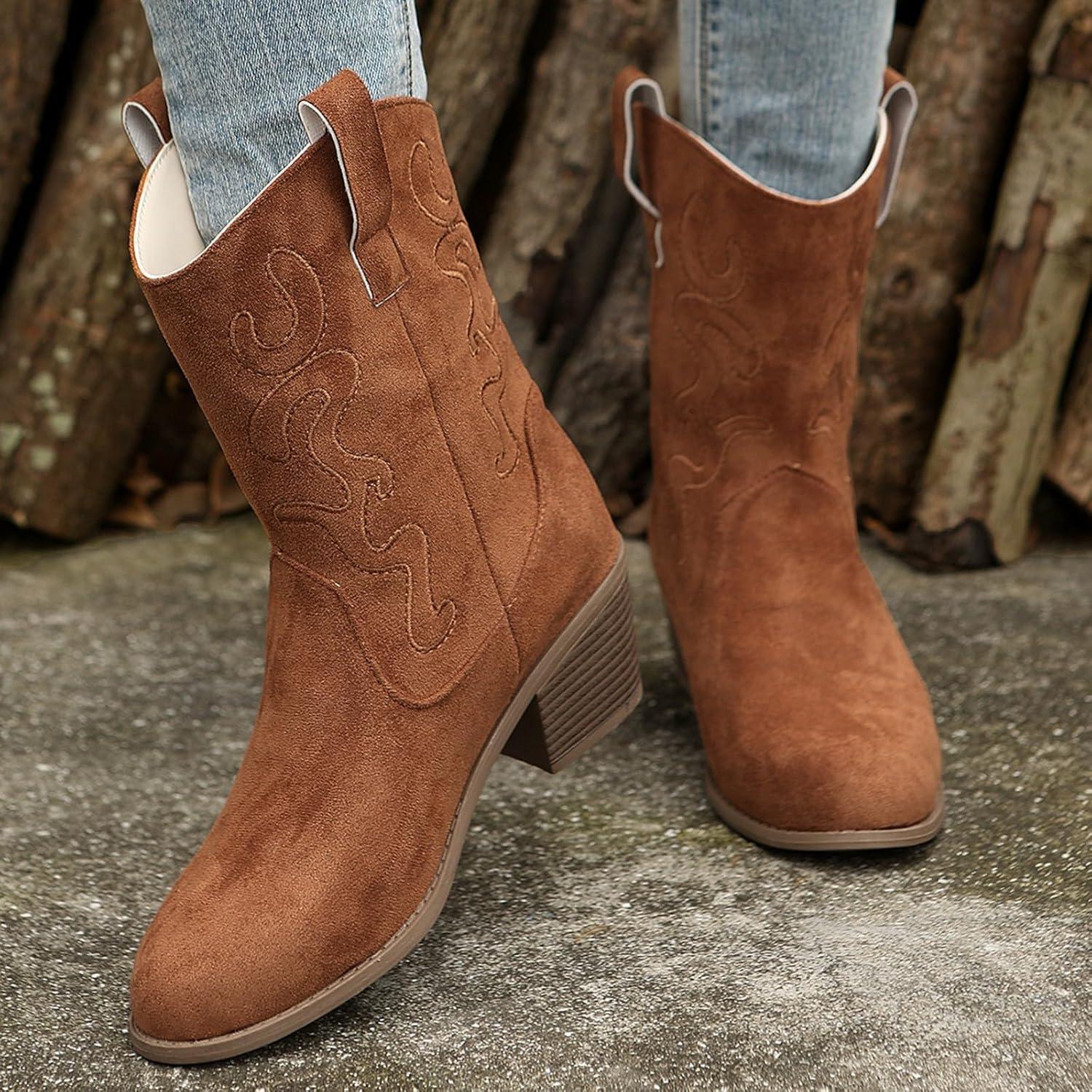 imageGenerisch Bottes de cowboy pour femme 42 bottines de cowboy bottes de western en daim enfiler semelle antidrapante bottes de randonne bottes western respirantesMarron