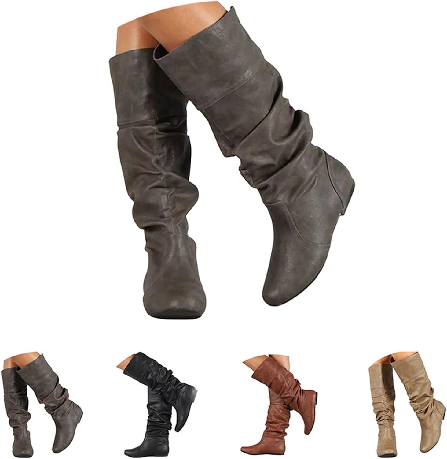imageGenerisch Bottes western pour femme Tige large Bottines dhiver plates noires Couleur unie Antidrapantes Bout rond Bottes chaudes pour lextrieurGris