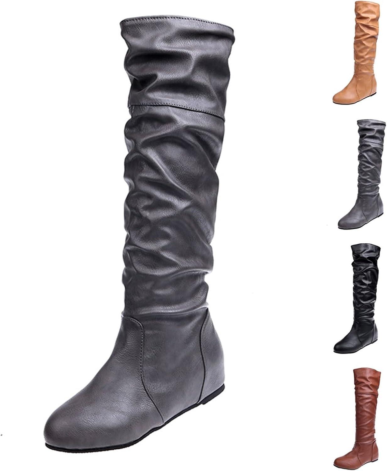 imageGenerisch Bottes western pour femme Tige large Bottines dhiver plates noires Couleur unie Antidrapantes Bout rond Bottes chaudes pour lextrieurGris