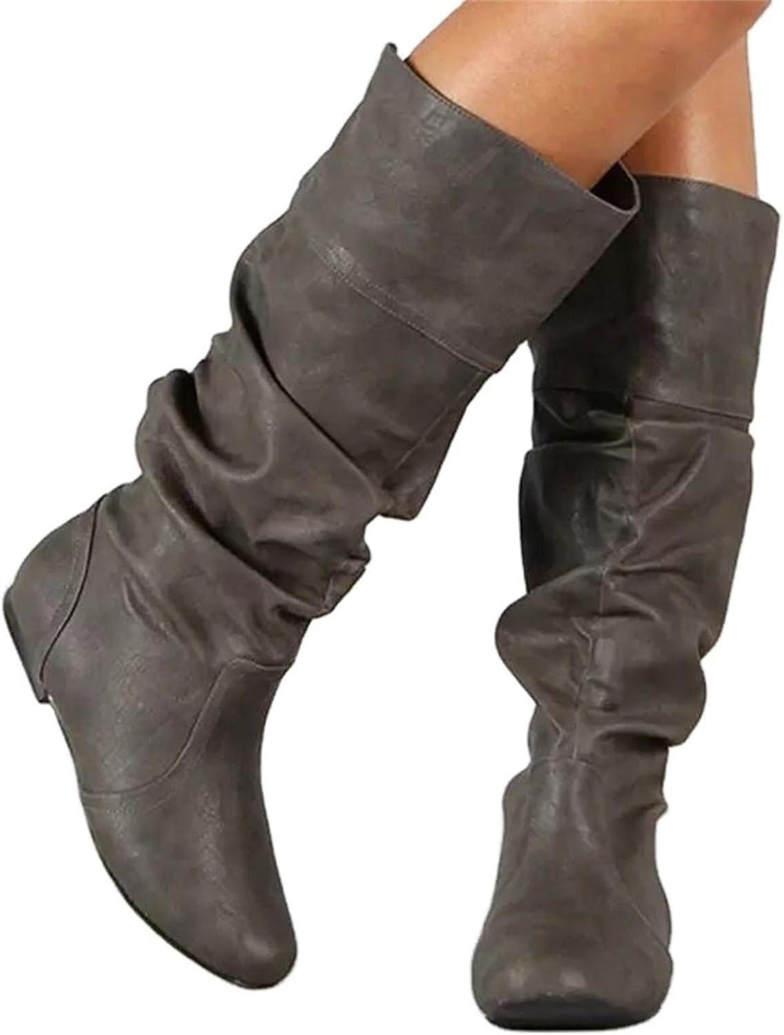 imageGenerisch Bottes western pour femme Tige large Bottines dhiver plates noires Couleur unie Antidrapantes Bout rond Bottes chaudes pour lextrieurGris