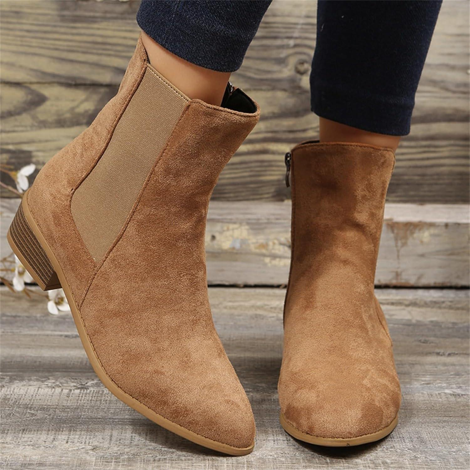 imageGenerisch Bottines de cowboy pour femme avec talon En daim Talon bloc Couleur unie Bottes western Bottes de transition vintage Bottines ChelseaKaki