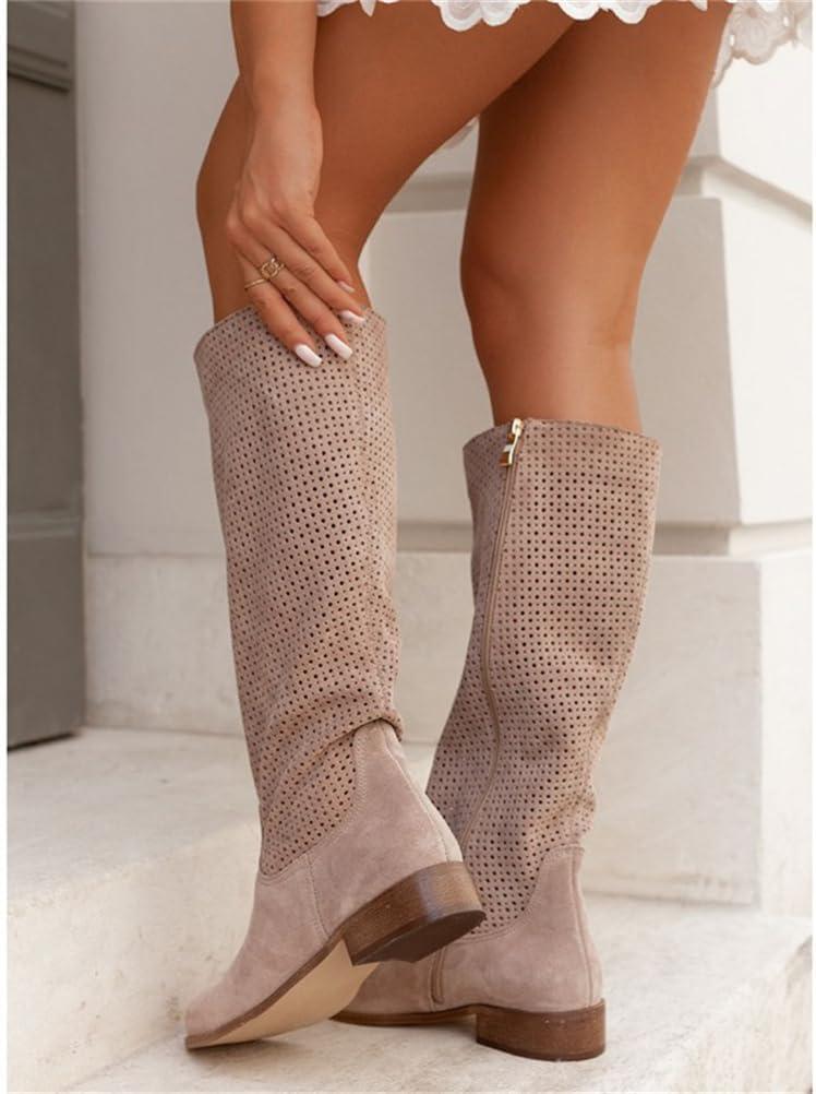 imageORANDESIGNE Bottes Dt Femme Bottes Western Cowboy en Daim Boho Chic Motif Perfor BootsA Kaki
