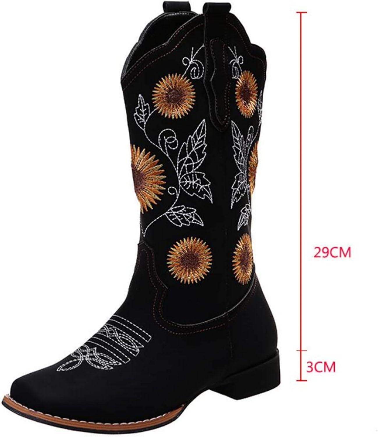 imageOTMYIGO Bottes de Tournesol pour Femmes Bottes Western Cowboy Talon pais miMollet Bottes 2022 Vintage Faux Cuir Fleur Botte de Broderie FloraleBrown Marron