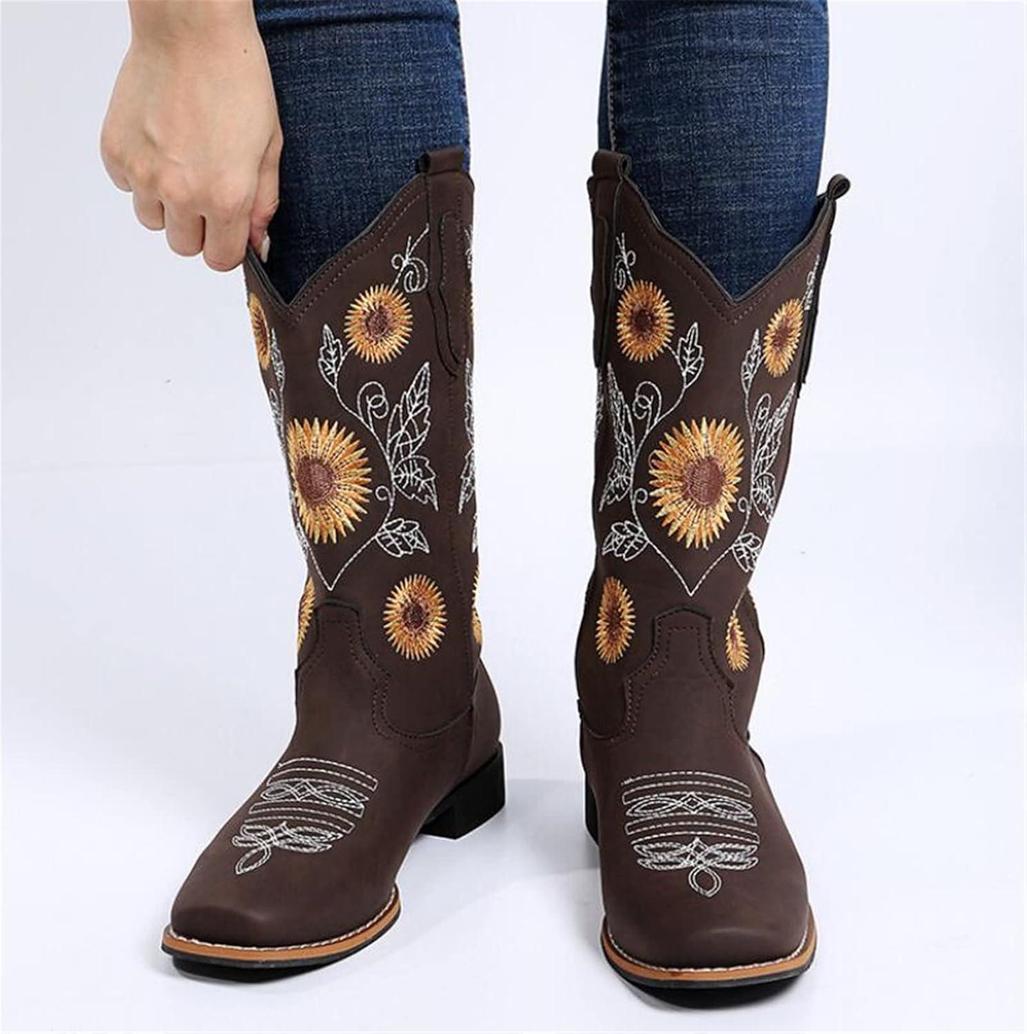 imageOTMYIGO Bottes de Tournesol pour Femmes Bottes Western Cowboy Talon pais miMollet Bottes 2022 Vintage Faux Cuir Fleur Botte de Broderie FloraleBrown Marron