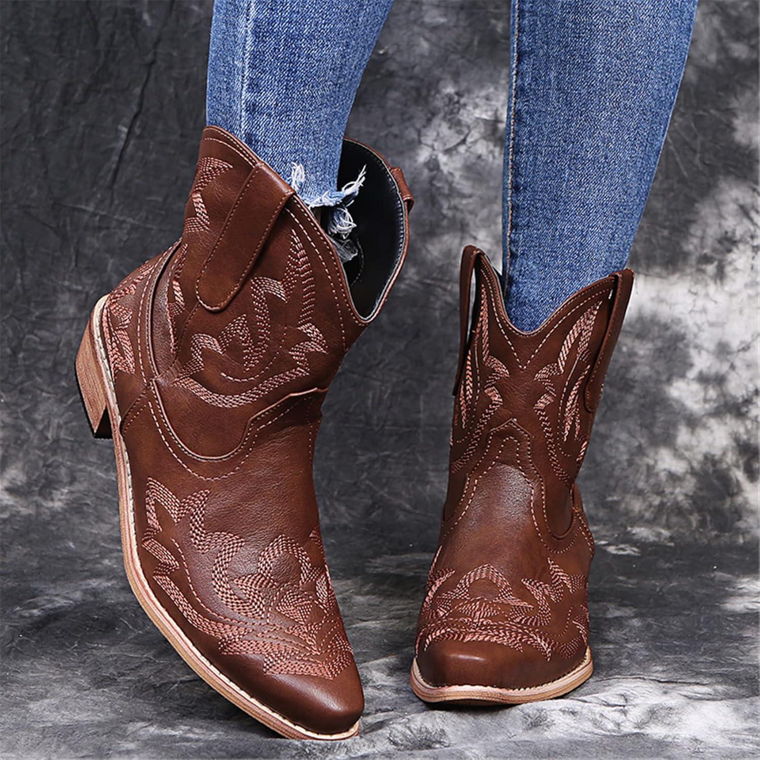 imageOTMYIGO Bottines pour Femmes Bottes de Cowboy Broderie Bottes de Marche Bottes Western miMollet Bout Pointu Bottes Courtes de Style rtroBrown Marron
