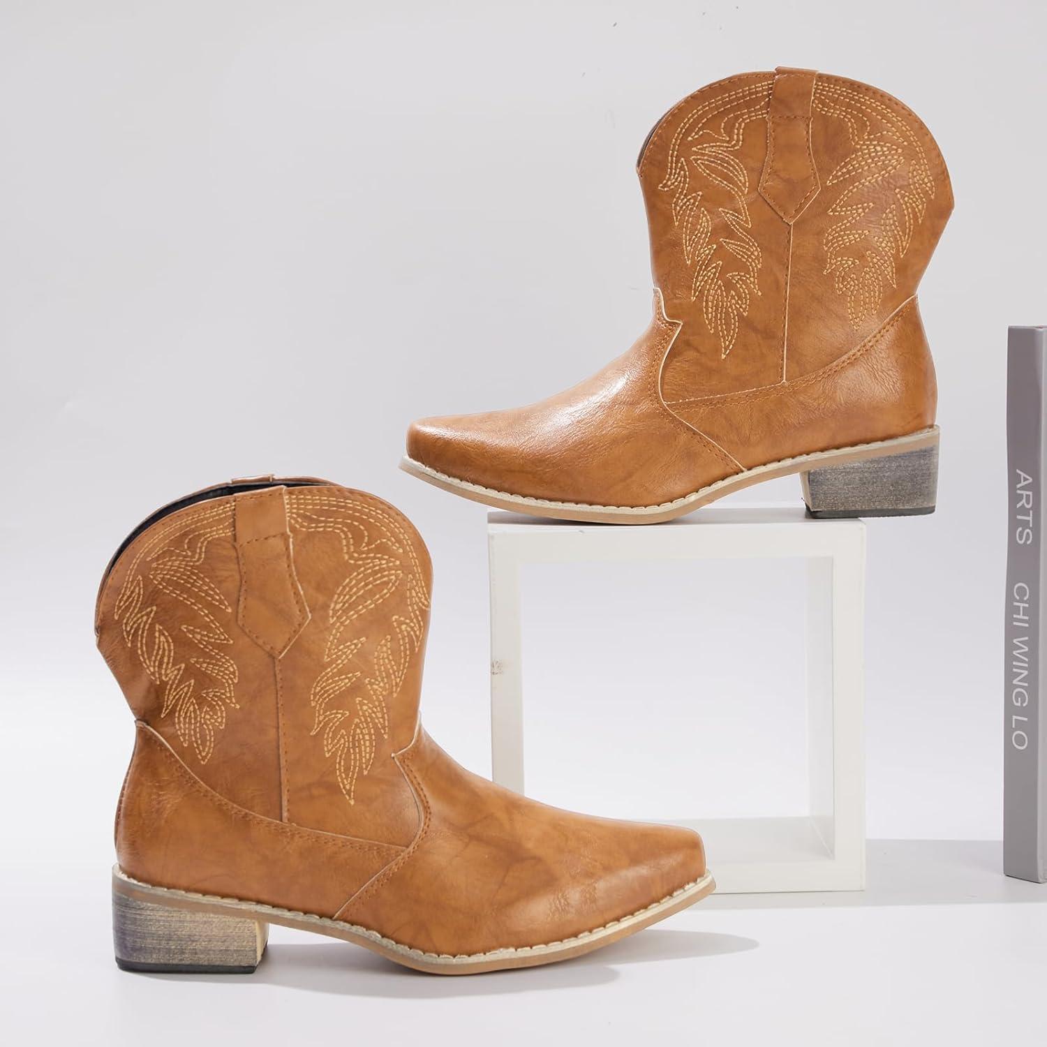 imageRemxi Bottines de cowboy western bout pointu pour femmeMarron Clair