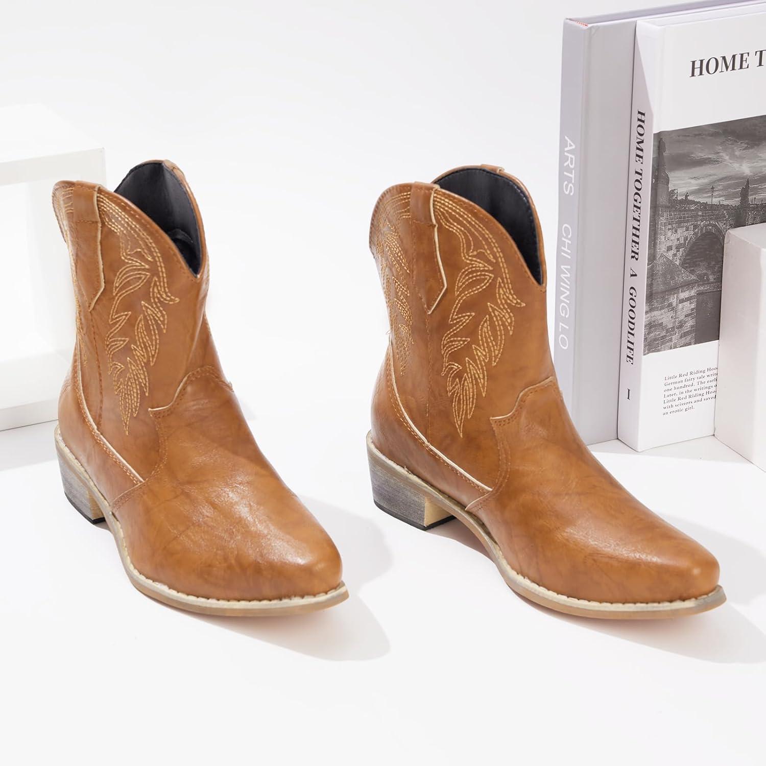 imageRemxi Bottines de cowboy western bout pointu pour femmeMarron Clair