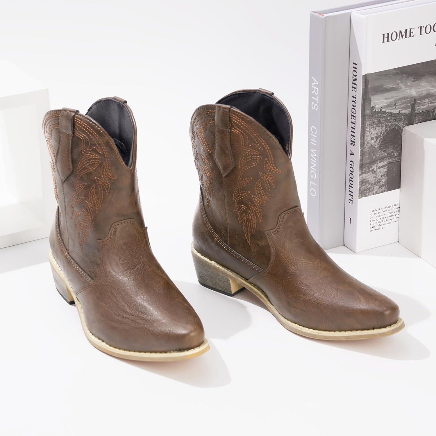 imageRemxi Bottines de cowboy western bout pointu pour femmeMarron Fonc