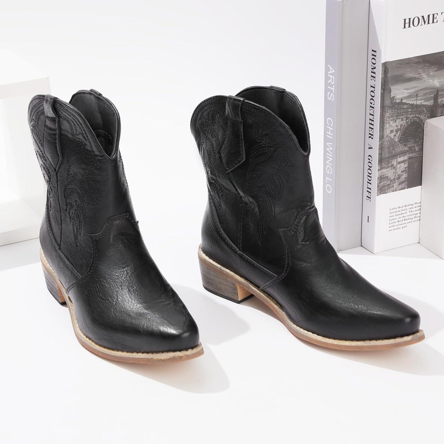 imageRemxi Bottines de cowboy western bout pointu pour femmeNoir