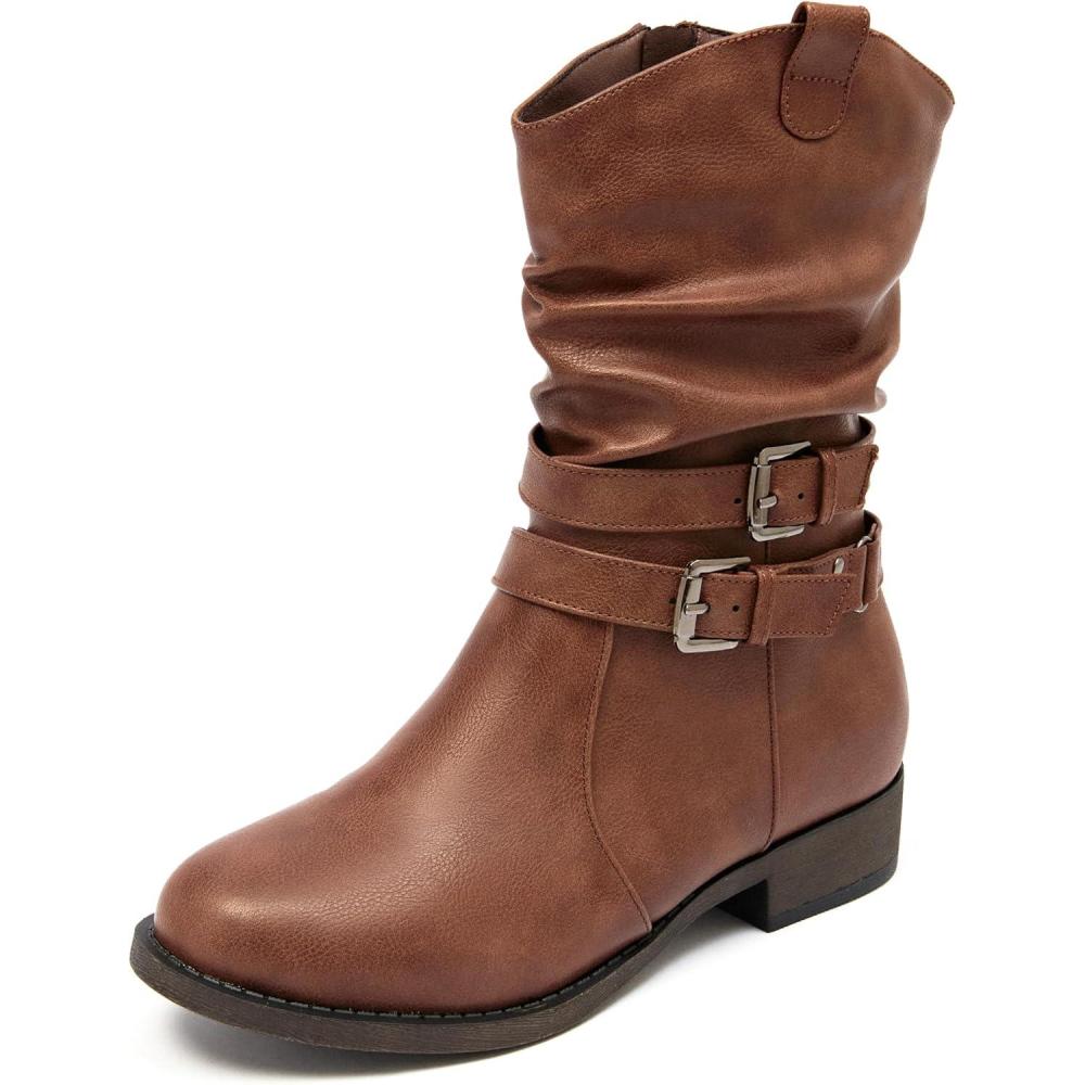 imageAtaiwee Bottes de cowboy mimollet pour femmes avec talon large bas fermeture clair latrale style moto bout rond classique bottes western tendance noirmarron foncgris2304002 Fonc Marron