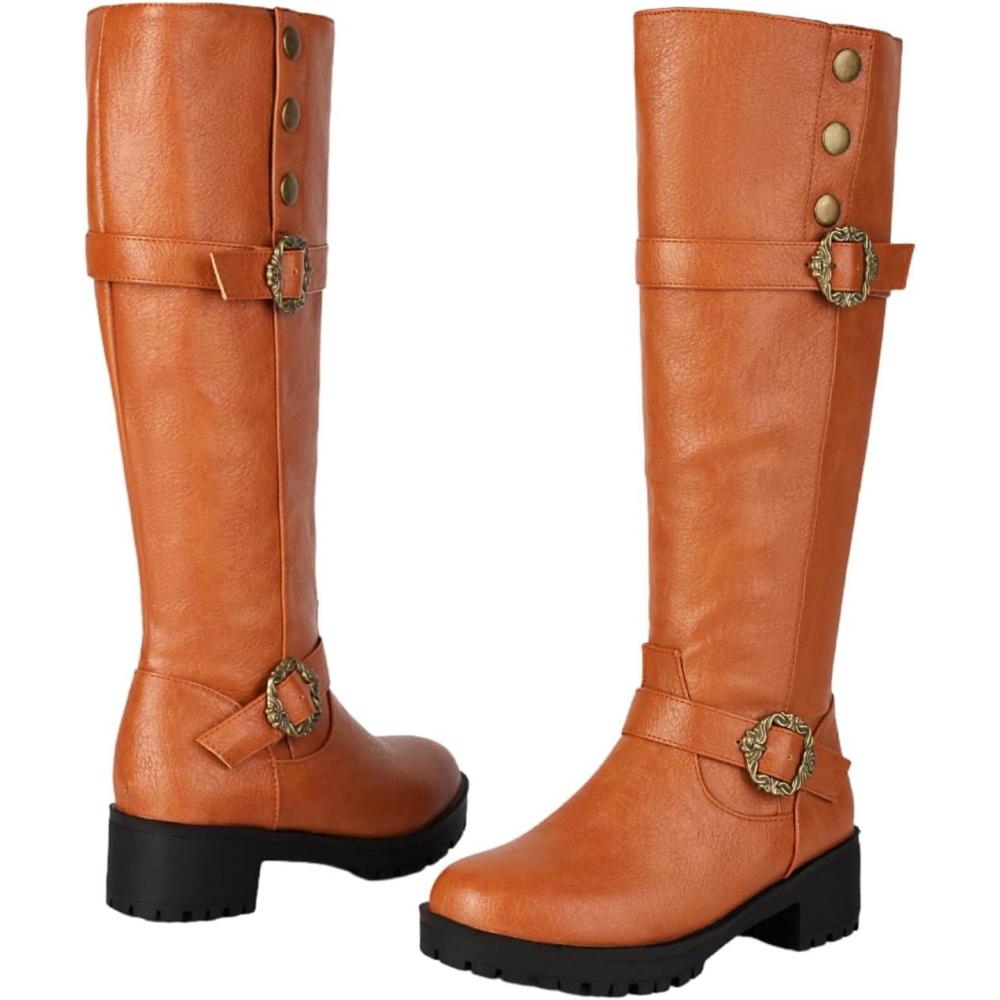 imageBottes Longues En Cuir PU Pour Femmes Bottes De Cowboy Western Bout Rond Vintage Avec Talon Bloc Et Fermeture clair Bottes De Chevalier Grande Taille Chaussures ConfortablesJaune