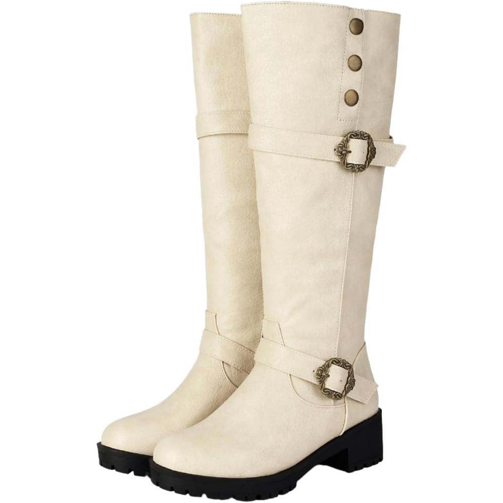imageBottes Longues En Cuir PU Pour Femmes Bottes De Cowboy Western Bout Rond Vintage Avec Talon Bloc Et Fermeture clair Bottes De Chevalier Grande Taille Chaussures ConfortablesBeige