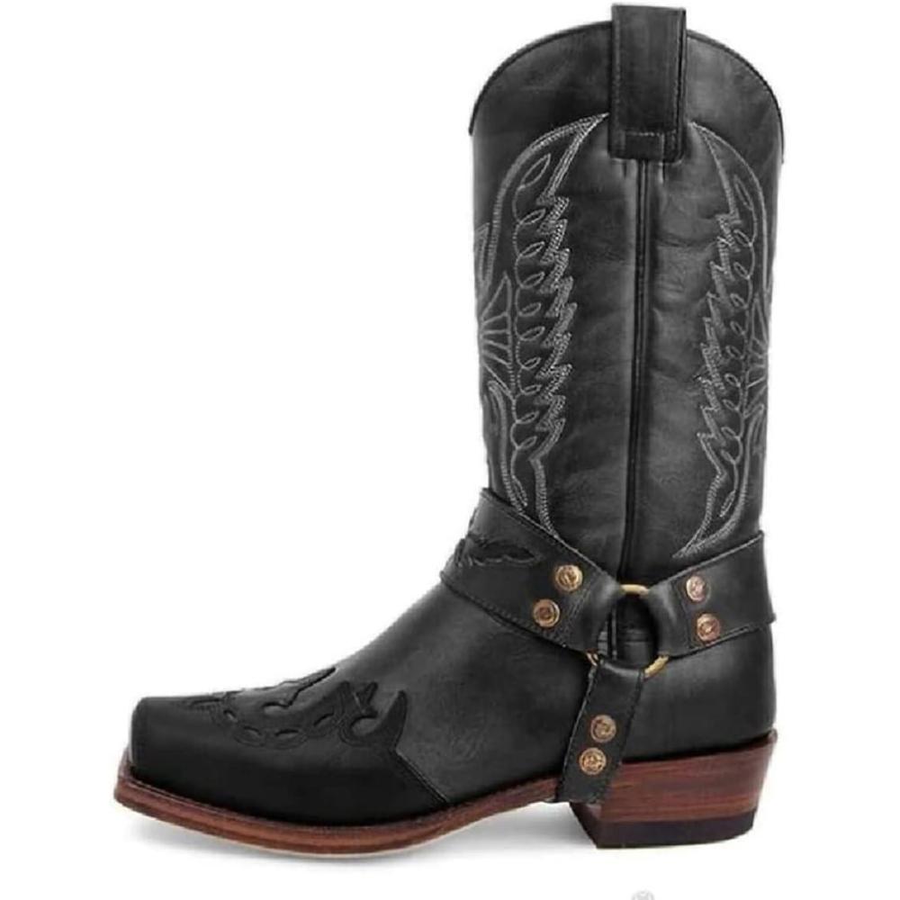 imageBottes Western Cowgirl Knight pour FemmeBottes miMollet rtro Bout carr Broderie Classique Botte dcontracte Traditionnelle Campagne Bottines Moto en Cuir pour HommeBlack Noir