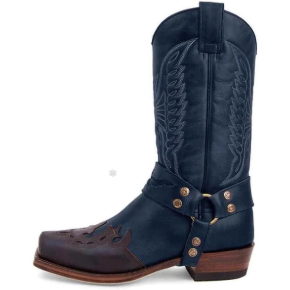 imageBottes Western Cowgirl Knight pour FemmeBottes miMollet rtro Bout carr Broderie Classique Botte dcontracte Traditionnelle Campagne Bottines Moto en Cuir pour HommeBlue Bleu