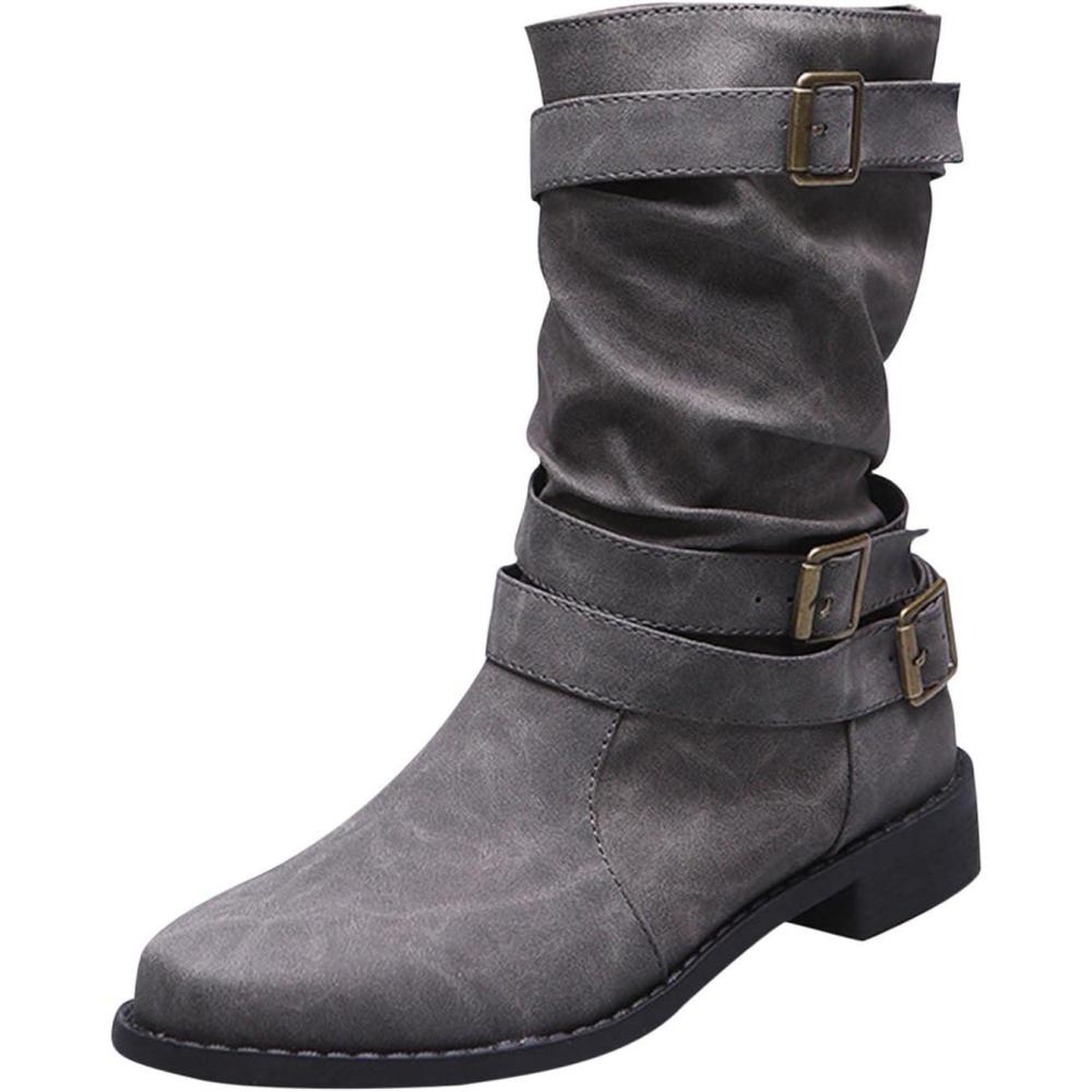 imageBottes de Cowboy pour Femme Bottes de Chevalier Botte de Neige Plates Femme Chic Botte Montantes Bottine Femmes Automne Cowboy Western Boots MiMollet Automne Hiver BootsGris