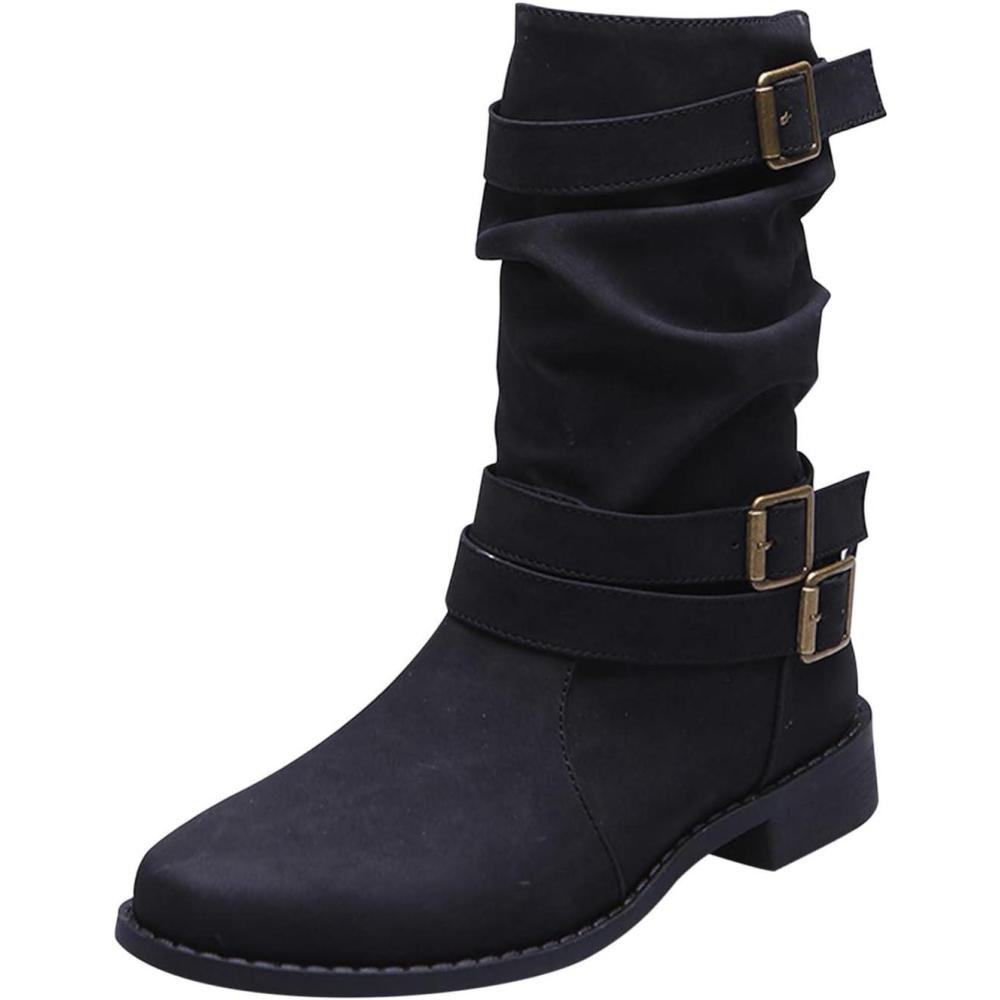 imageBottes de Cowboy pour Femme Bottes de Chevalier Botte de Neige Plates Femme Chic Botte Montantes Bottine Femmes Automne Cowboy Western Boots MiMollet Automne Hiver BootsNoir