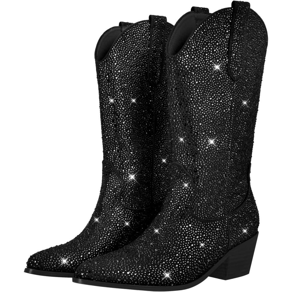 imageBottes de cowboy paillettes talon western Blingqueen pour femme avec pierres prcieusesNoir