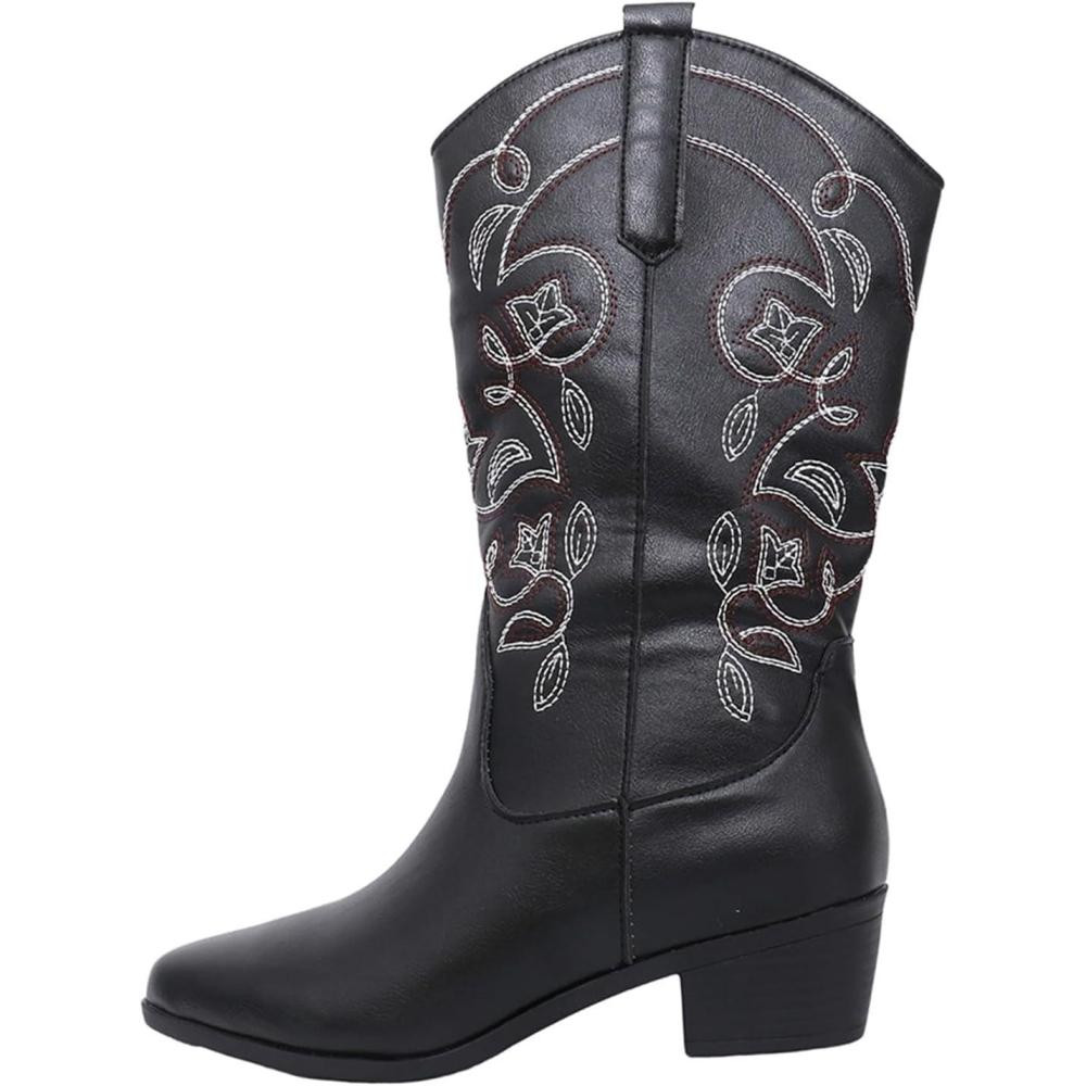 imageBottes de cowboy en cuir pour femme Bottines pour femme avec talon Bottes western vintage Broderie Bottes dquitation Bout pointu Bottes basses Bottes dhiver antidrapantesNoir