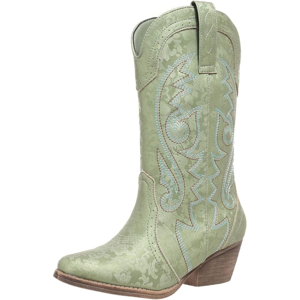 imageBottes de cowboy mimollet pour femme Bottes de cowgirl brodes Bout pointu Bottes occidentales pour femmes Bottes talons pais Bottes de veau larges Taille US 511Vert
