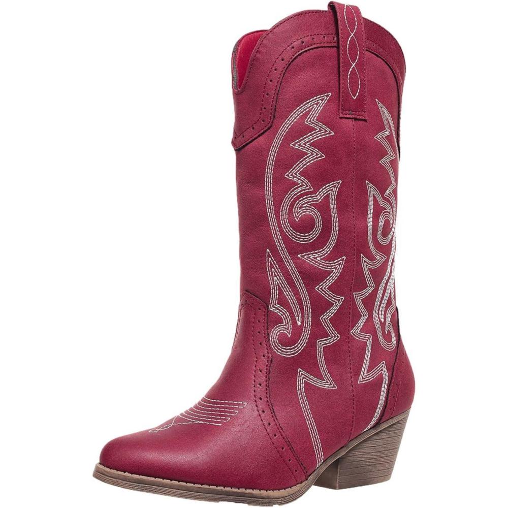 imageBottes de cowboy mimollet pour femme Bottes de cowgirl brodes Bout pointu Bottes occidentales pour femmes Bottes talons pais Bottes de veau larges Taille US 511Rouge Vin