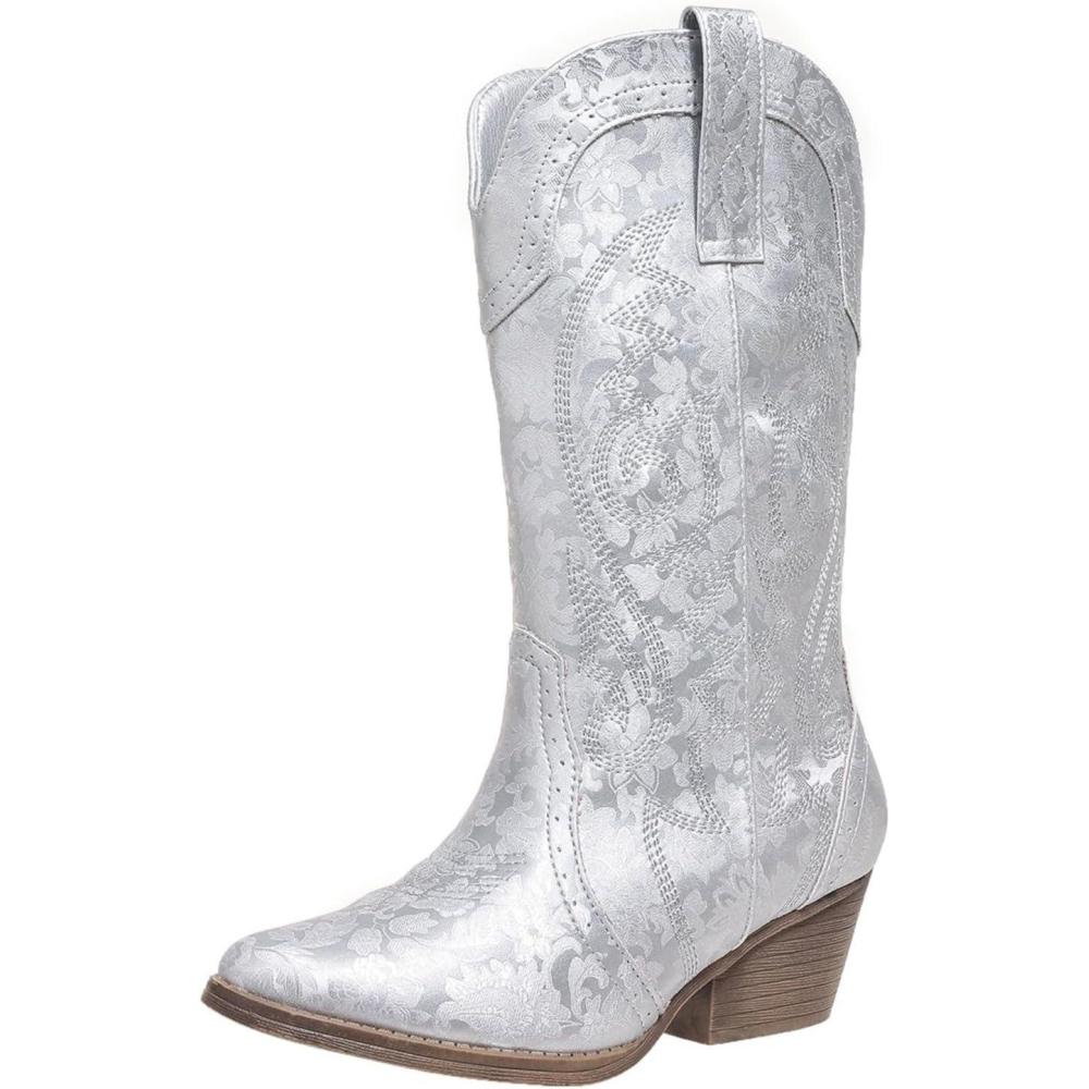 imageBottes de cowboy mimollet pour femme Bottes de cowgirl brodes Bout pointu Bottes occidentales pour femmes Bottes talons pais Bottes de veau larges Taille US 511Argent