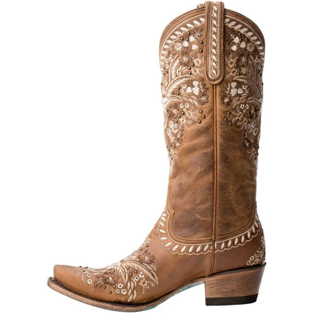 imageBottes dhiver pour Femmes Western Cowboy Boots Bout Pointu PU Cuir Broderie Fourrure Large Mollet BottesBrown Marron