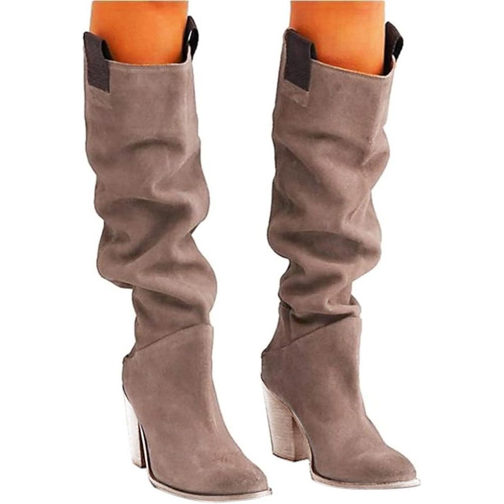 imageBottes en daim pour femme avec talon Bottes enfiler Talon bloc Bottes hautes au genou Bout pointu Bottes western dcontractes Bottes de motard Bottes de cowboyBeige