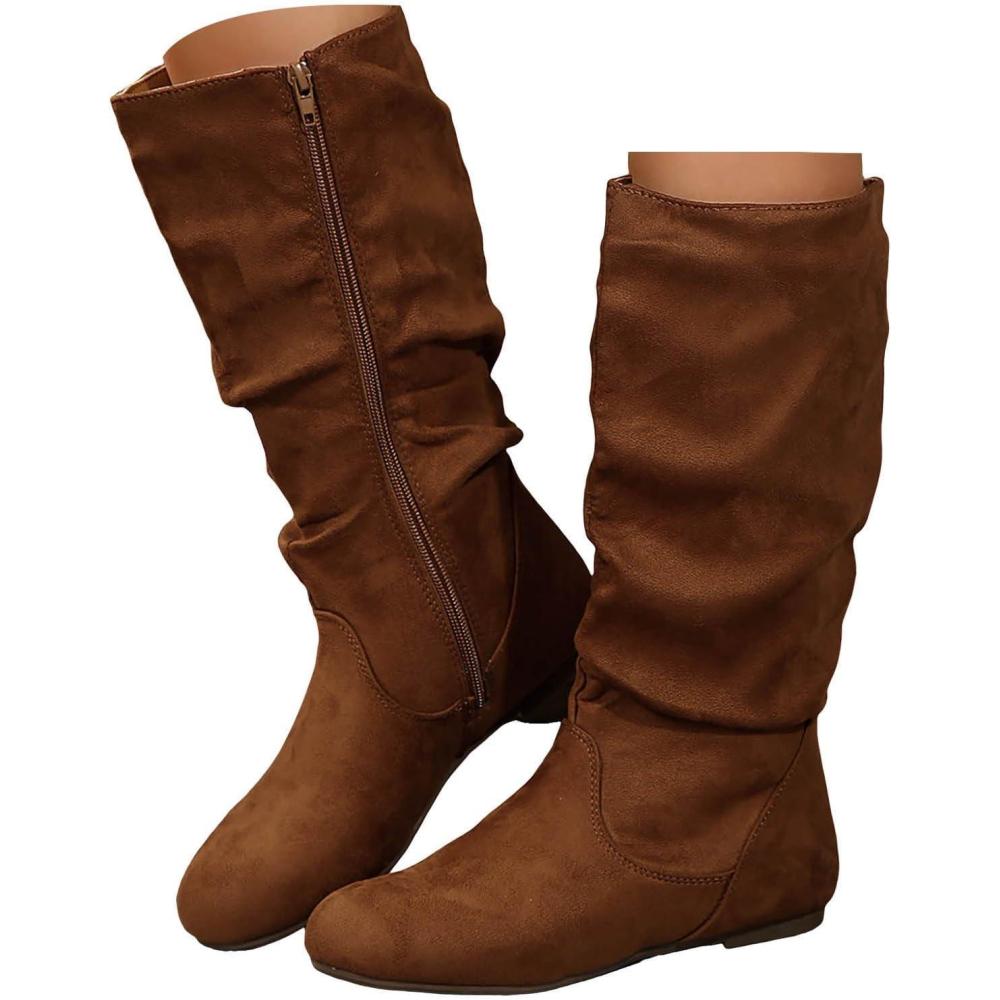 imageBottes pour femme Demitige plate avec fermeture clair Bout rond Bottes western en daim Bottes mihautes lgantes Bottes hautes pour femme Bottes dhiverCaf